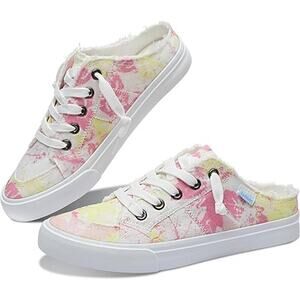 Obtaom Womens Size 8 Pink Yellow Slide On Canvas Memory Foam Mules Sneaker Shoes
